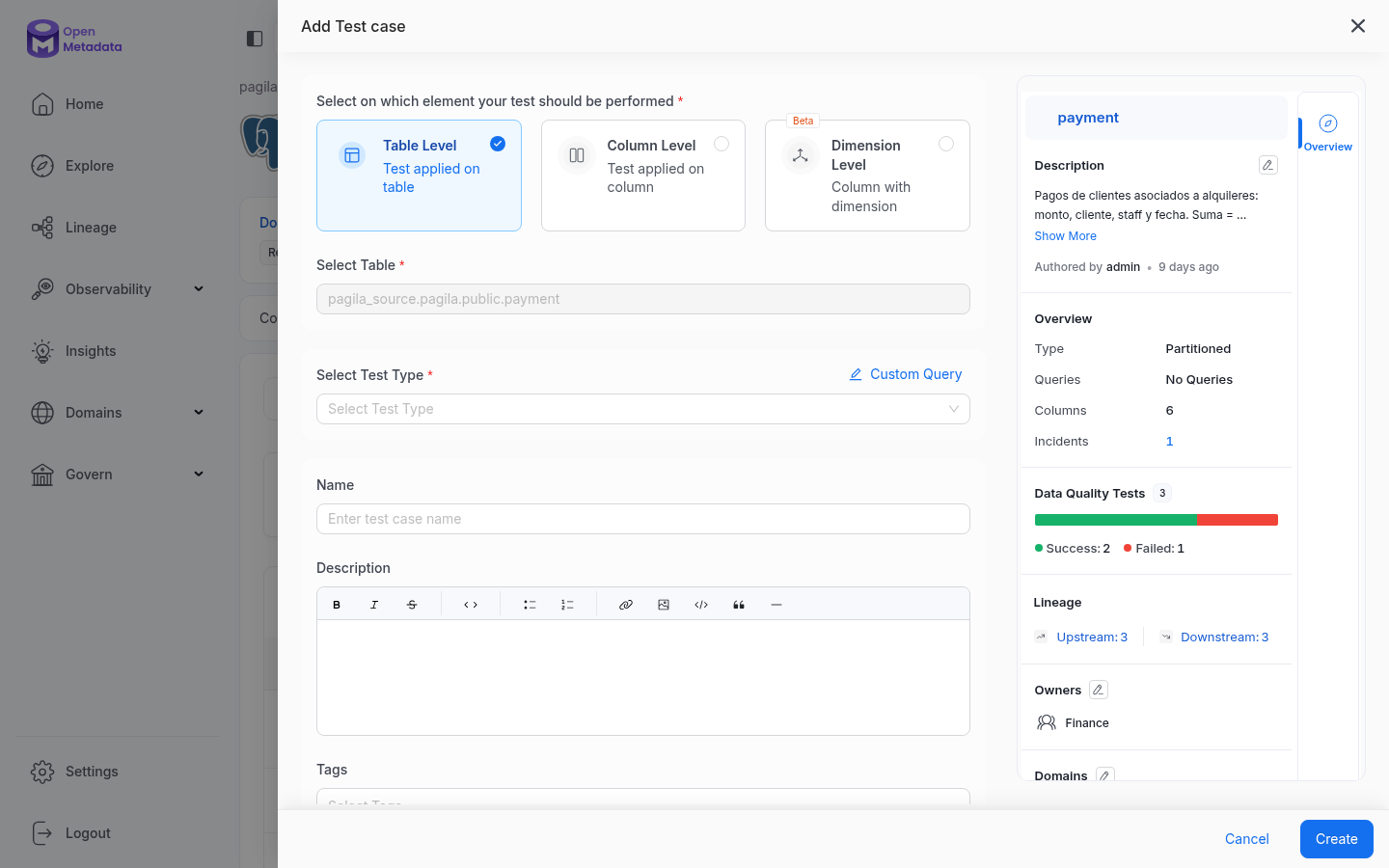 OpenMetadata "Add Test case" form: scope (table/column), selected table, test type, name and description